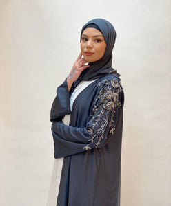 Embellished shoulder work Abaya in Juniper Ash