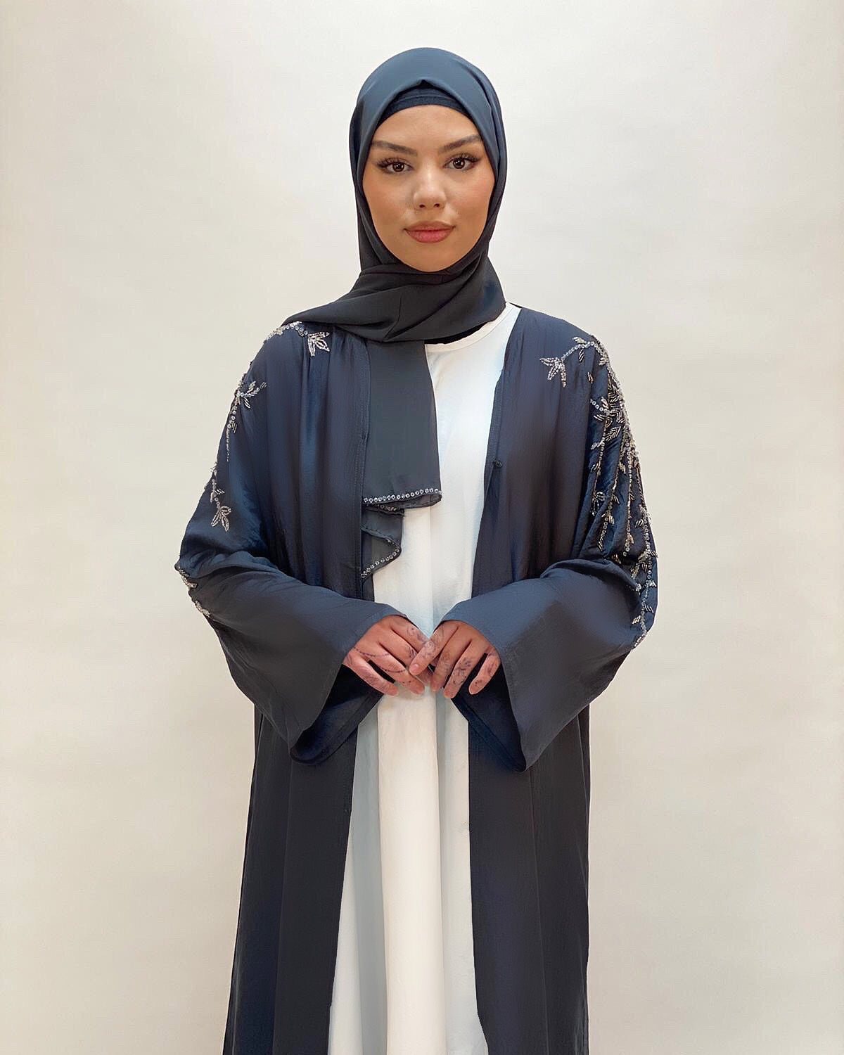 Embellished shoulder work Abaya in Juniper Ash