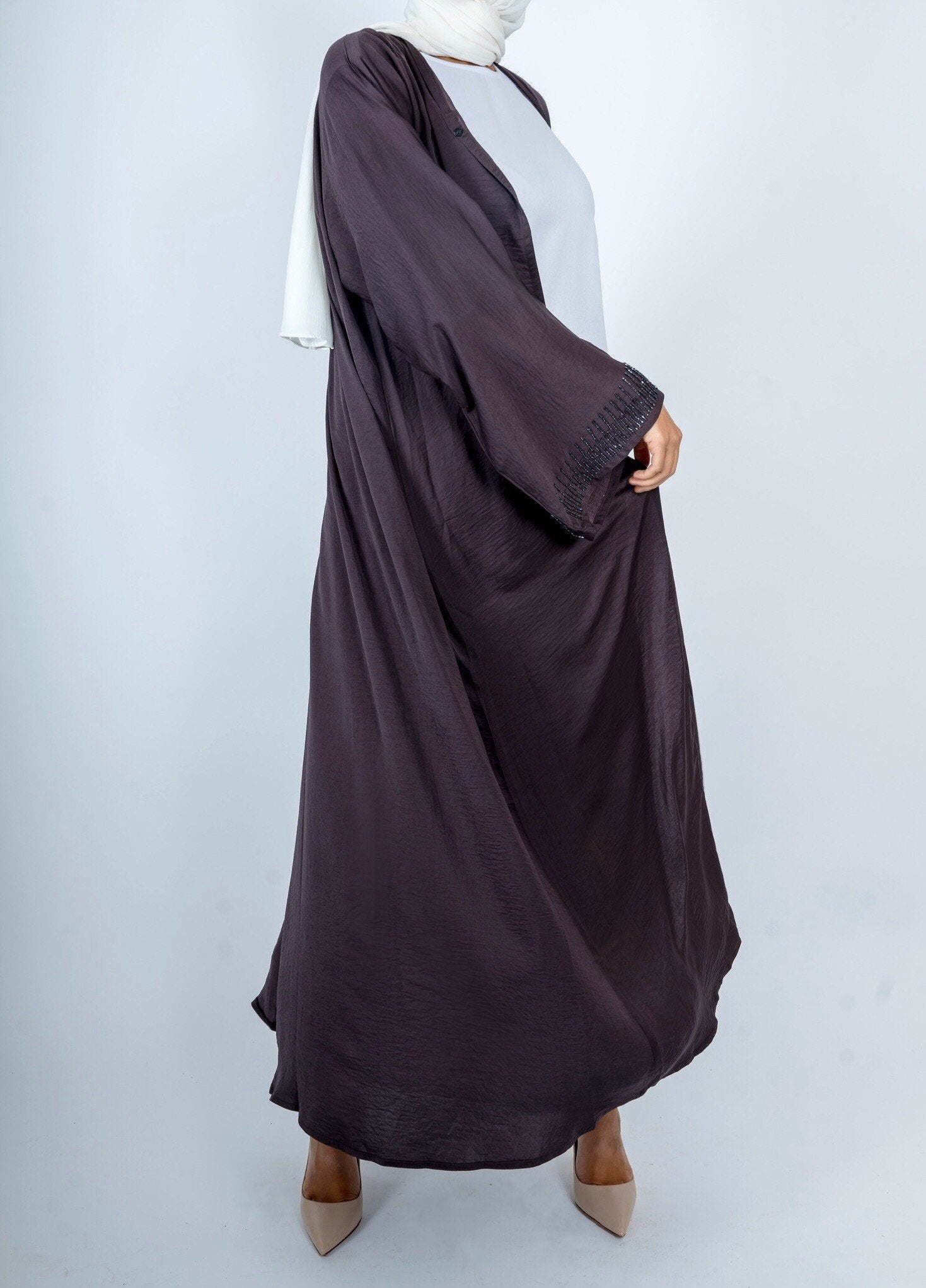 Sleeve bead work, open abaya in Plum