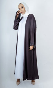 Sleeve bead work, open abaya in Plum