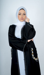 Beaded big pocket and sleeve open Abaya