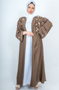 Front and back Embellished open abaya in Mocha