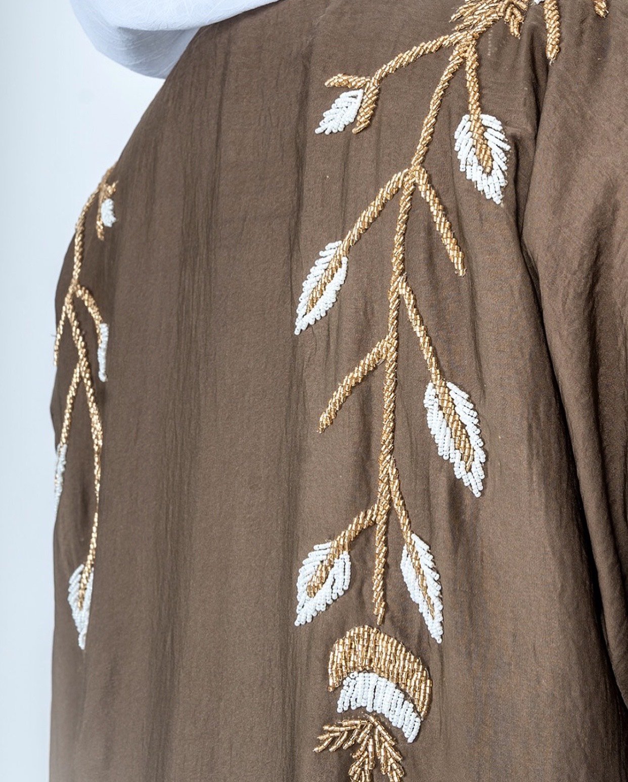 Front and back Embellished open abaya in Mocha