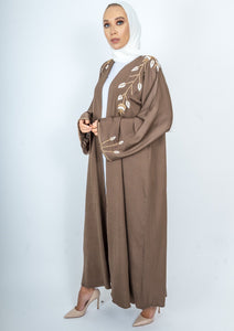 Front and back Embellished open abaya in Mocha